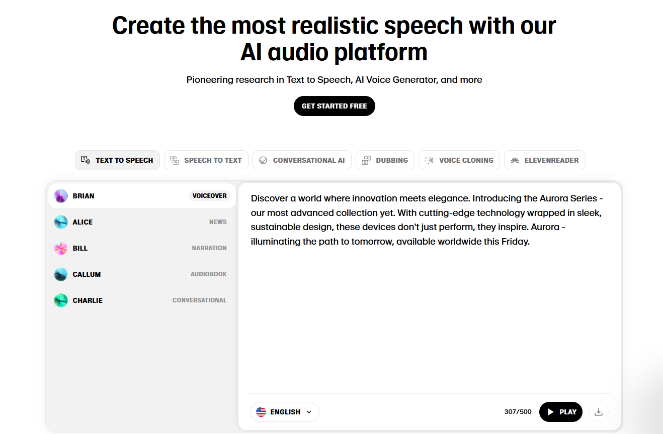 ElevenLabs voice selector screenshot